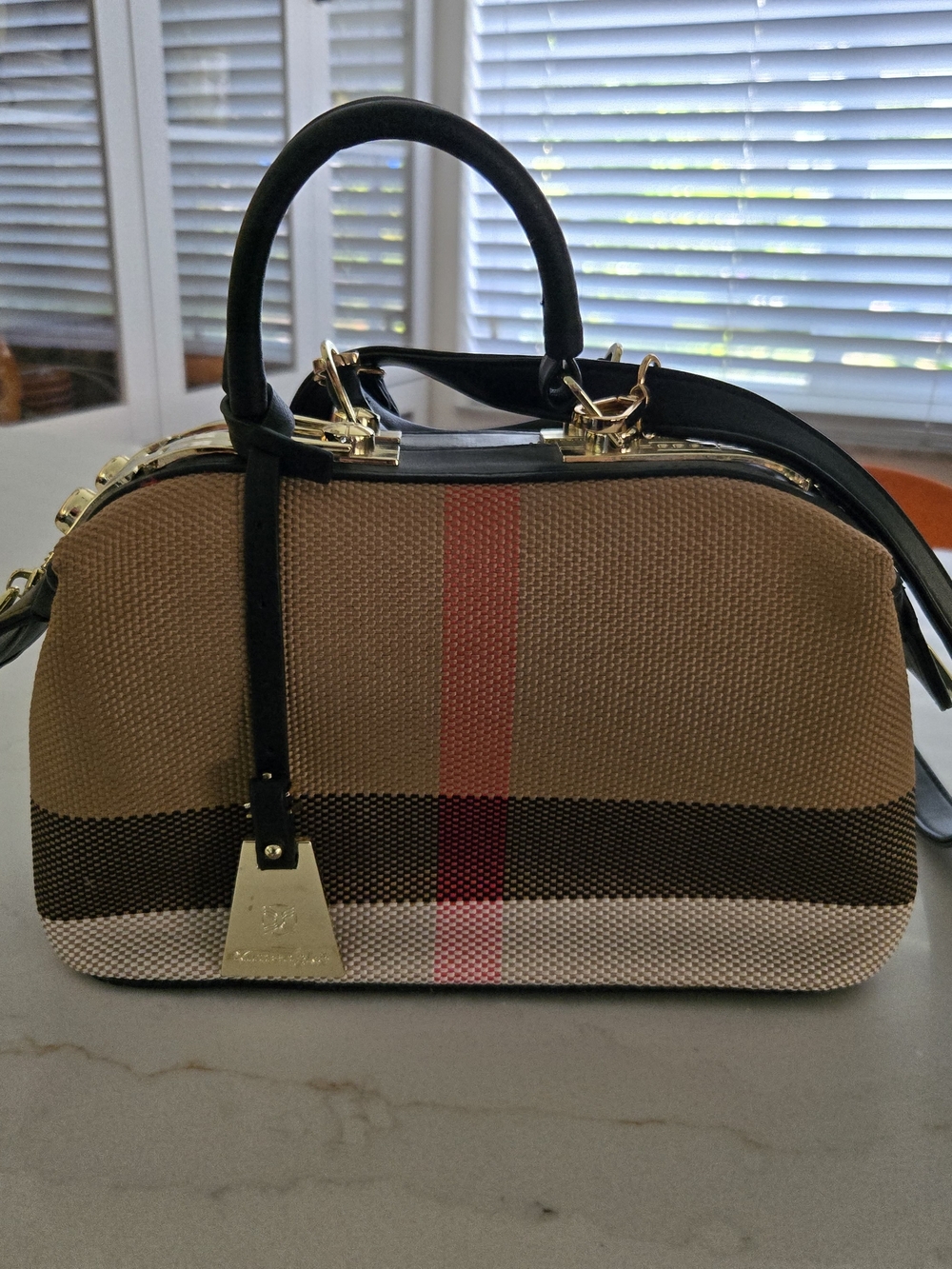 Classic Neutral Stripe Dome Satchel Bag - Black & Beige